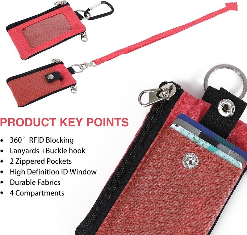 MASAPHIL MASAPHlL Small Lanyard Wallet for Women/Men with RFID Blocking ID Badge Holder, Minimalist Nylon Zipper Pouch, Travel Neck Wallet with Keychain, ID Window for Card,Coin,Cash (Deep red+Rose) - Image 3